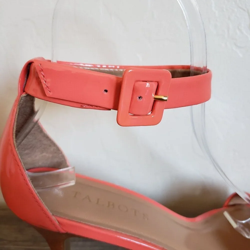 Talbots Lakia Patent Leather Ankle Strap Heels Sandal Open Toe Coral Sz Womens 7